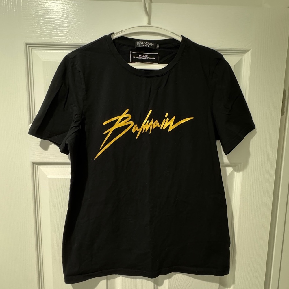 Balmain Black Tee with Gold Script